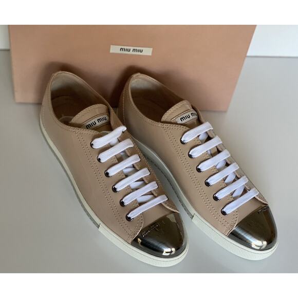 NIB Miu Miu Women's Metal Cap Toe Leather Sneakers (40 Euro) 5E8998 IT - Picture 2 of 8